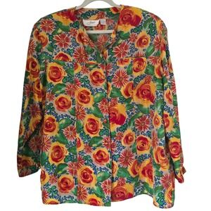 Jouer Vintage 100% Silk Pajama Set L Floral Button Top Green Pants 2 Piece Loung